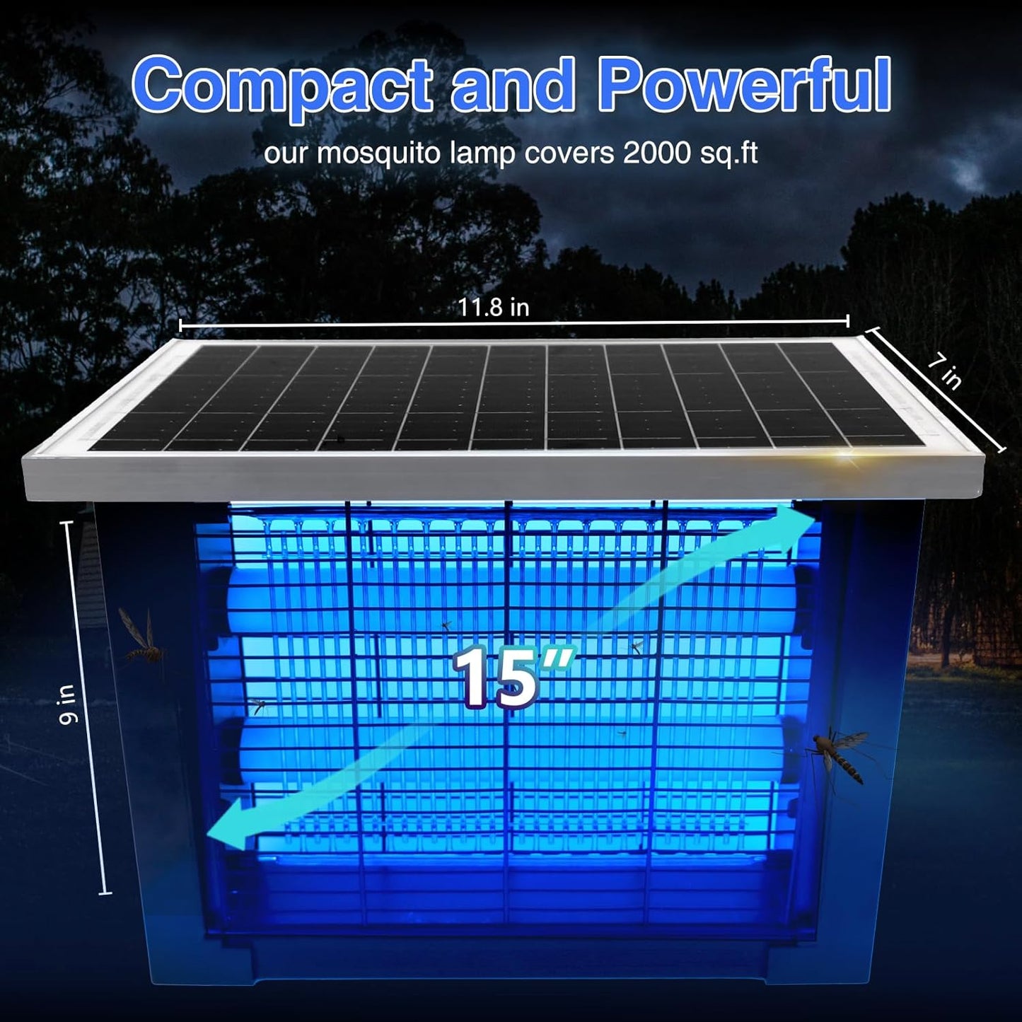 Solar Bug Zapper Outdoor for 2000 sq.ft, Portable Mosquito Zapper with 13 FT Extension Cord, Rechargeable Electric Fly Zapper with High Powered for Patio Garden Backyard RV Camping Pond Pest Control