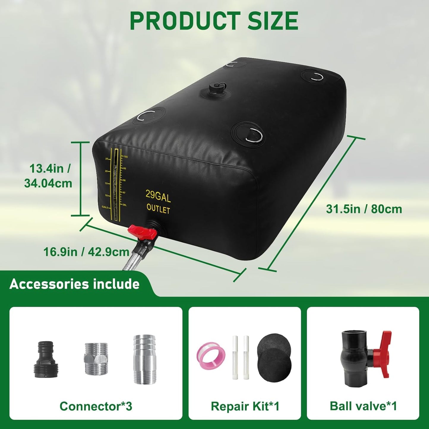 110L/29 Gal Water Bladder with Water Level Indicator, PVC Foldable and Portable Water Tank with 3 Connectors and Overflow Kit, Ideal for RV, Camping, Rainwater Collecting,Planting Watering