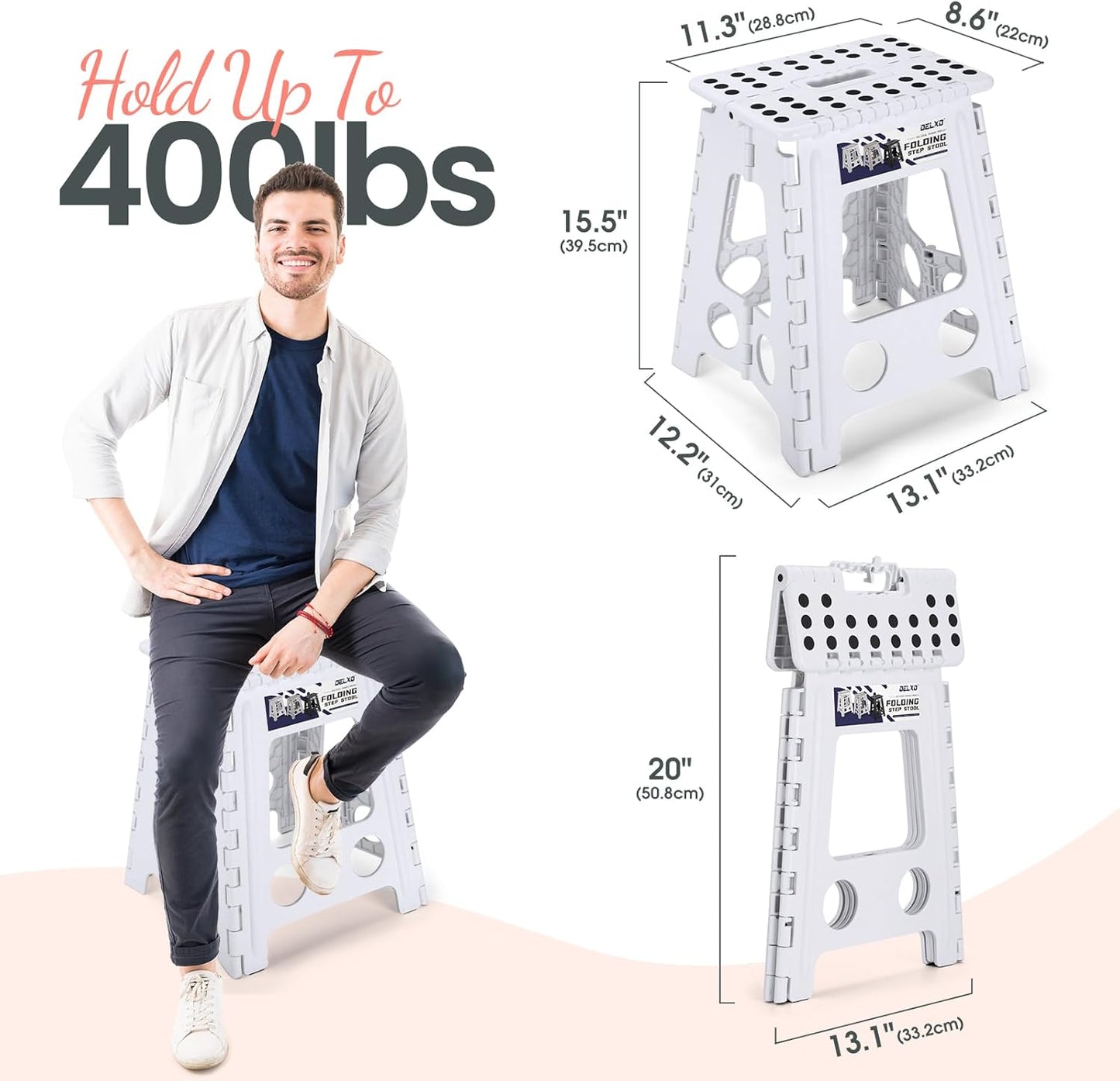 Delxo 16 Inch Folding Step Stool, White Step Stools for Kids Foldable,Portable Collapsible Step Stool with Handle, Folding Stool for Kitchen Bathroom,Bedroom,Garden