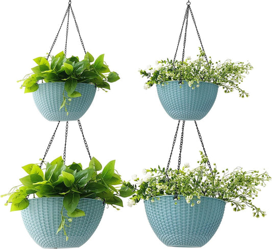 Hanging Planters for Outdoor Plants 8/10 Inch, 4 Packs Plant Hanger Indoor with Drainage Holes, Hanging Basket Flower Pot Perfect for Home, Office and Garden (Sky Blue)