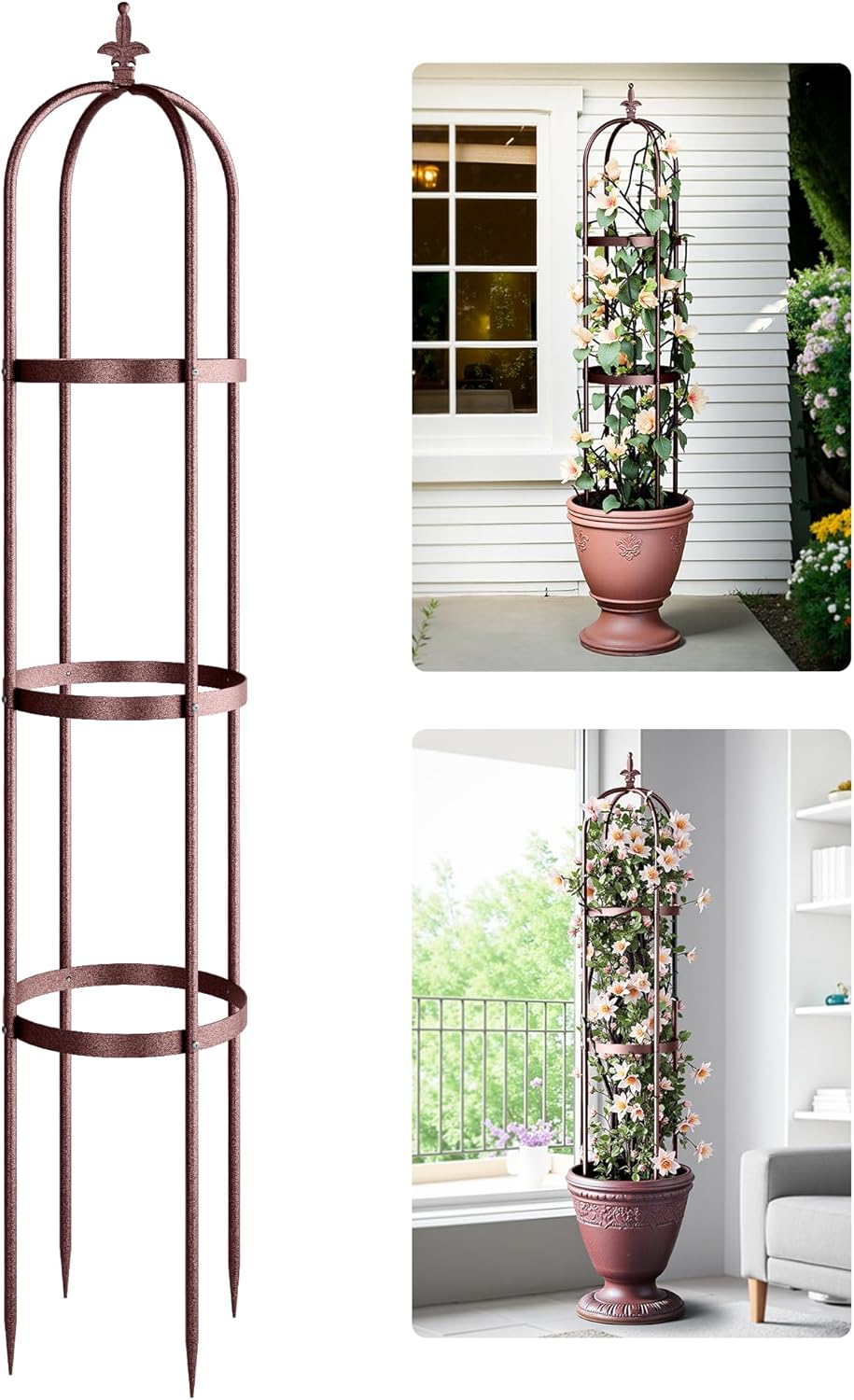 Idzo Trellis for Climbing Plants Outdoor, Garden Trellis Steel, Obelisk Design Hammer Stone Coated, 2025 Bronze Color, Vertical Support for Climbing Plants, Decorative for Outdoor & Indoor Use