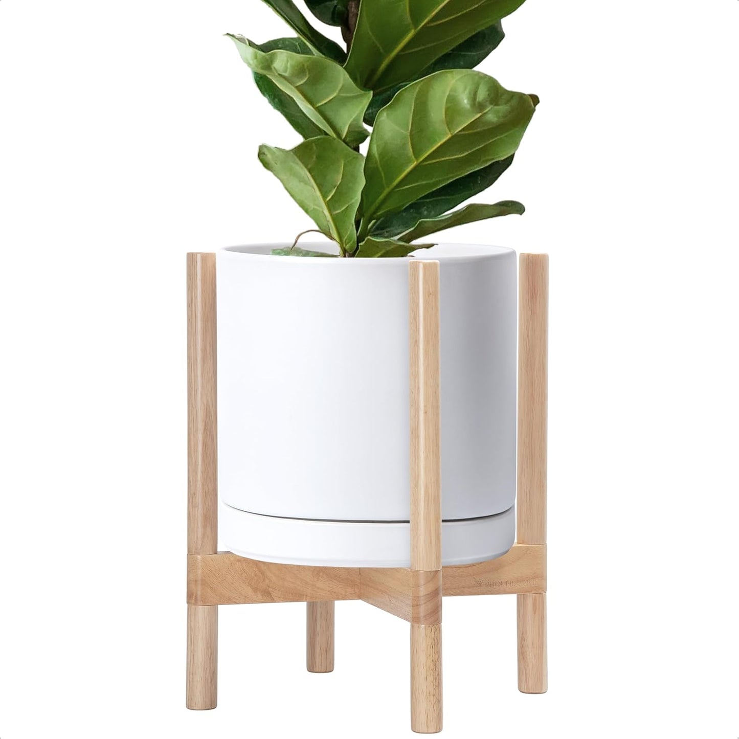 D'vine Dev Ceramic Planter with Natural Stand - 12 Inch Modern Round Flower Pot with Wood Planter Holder, White, 55-B-J-1