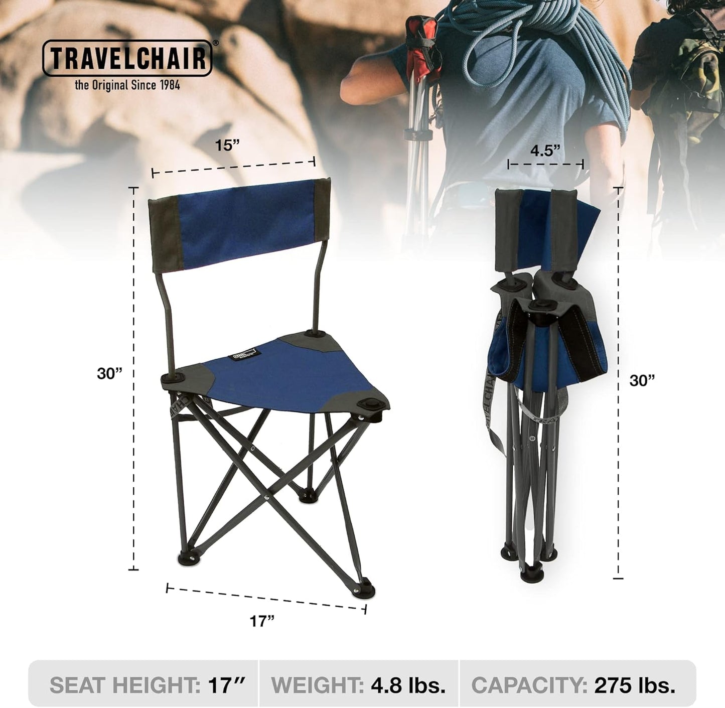 Travel Chair Ultimate Slacker, Quick Folding Tripod Stool with Backrest, Fishing Camping Hiking Chair with Carry Strap, Polyester, Blue