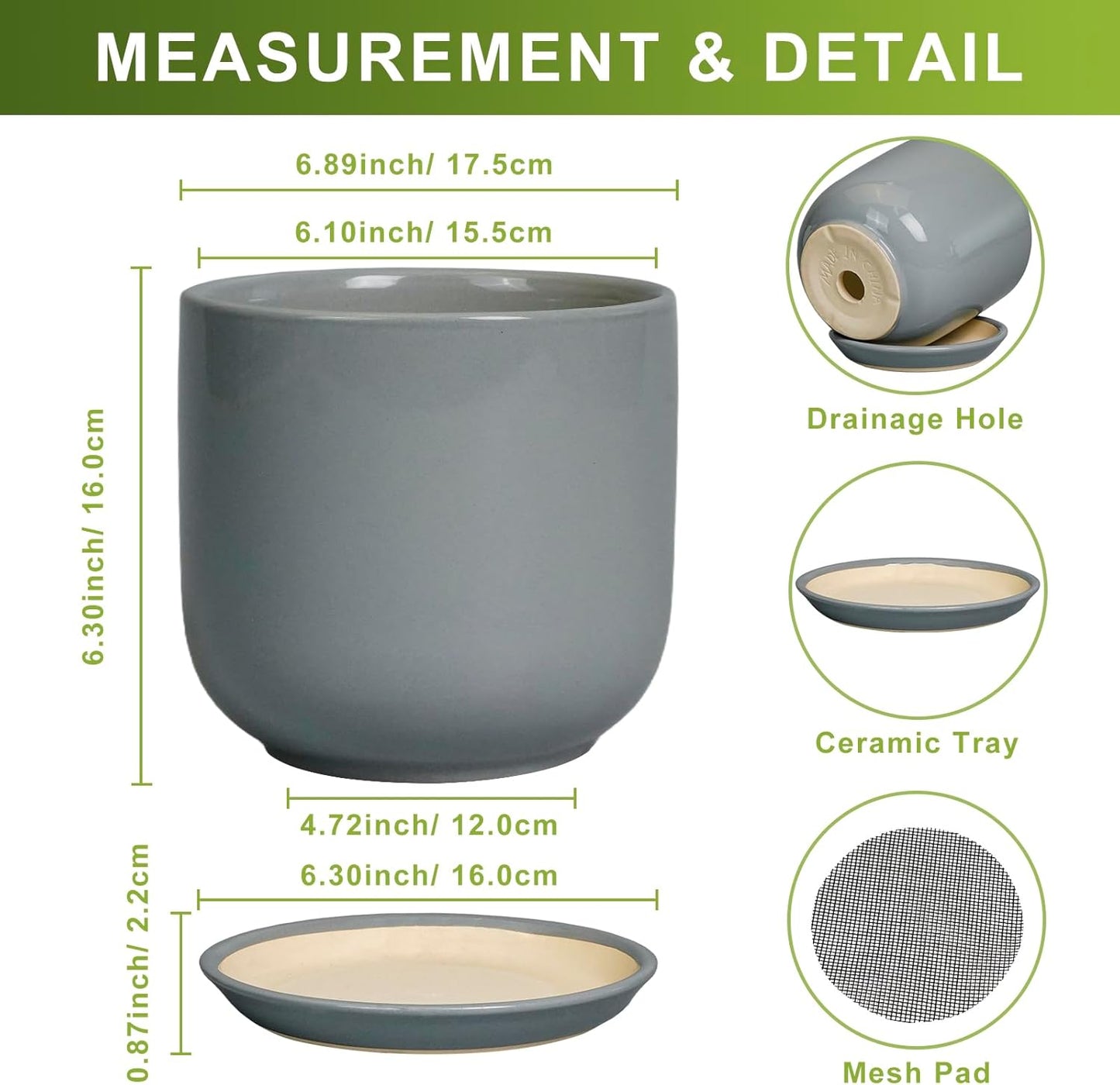 Indoor Planter 7 Inch - Round Ceramic Plant Pot for Cactus Orchid Plants with Drainage Hole and Saucer, Home Outdoor Patio Office Decor, Gray