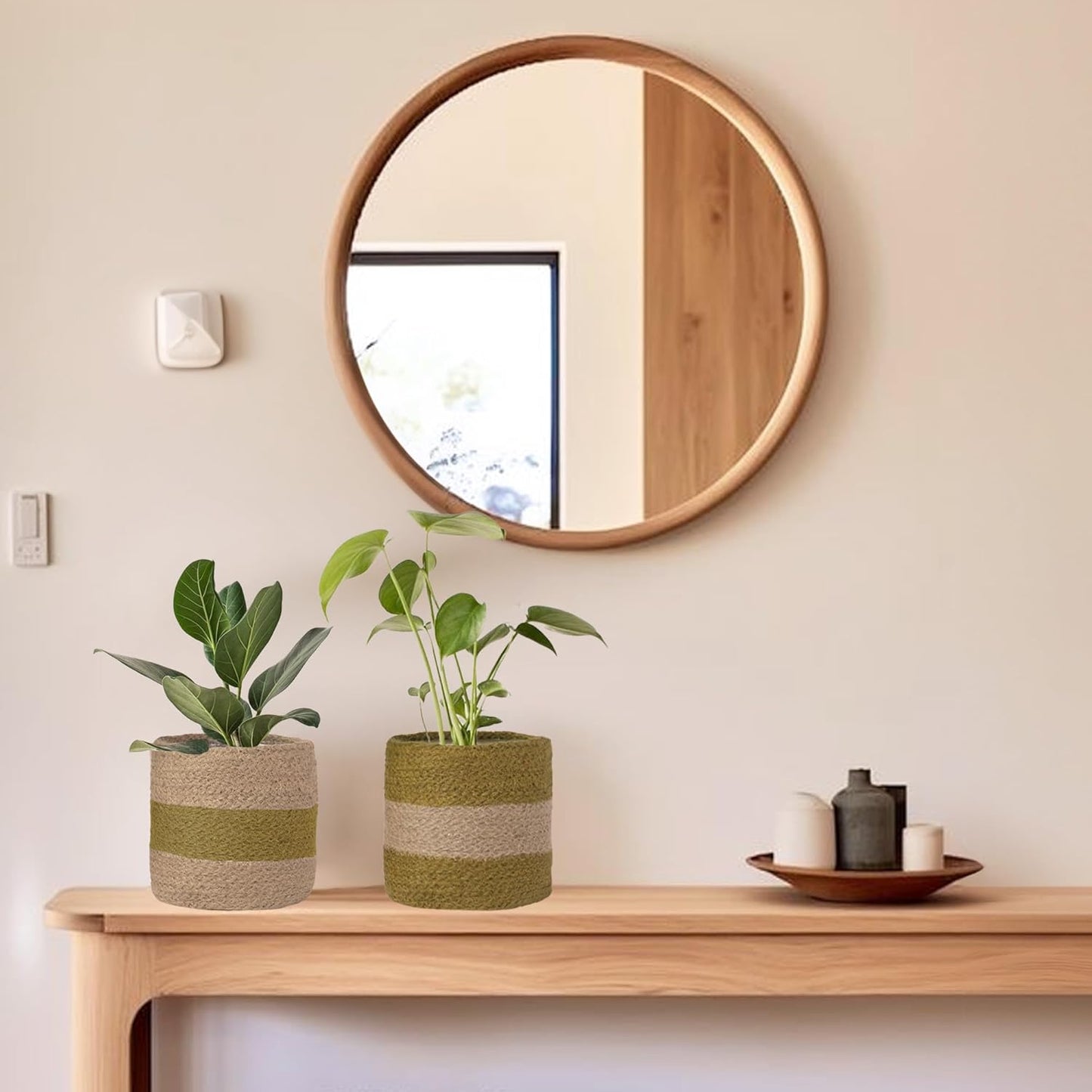 Jute Planter Basket-Woven Jute Rope Covers for Decorating Indoor/Outdoor Succulents, Small Plant Pots-Set of 2-Multi-Purpose Storage Bins 6.5 Inches - Modern Style Décor- Olive & Natural