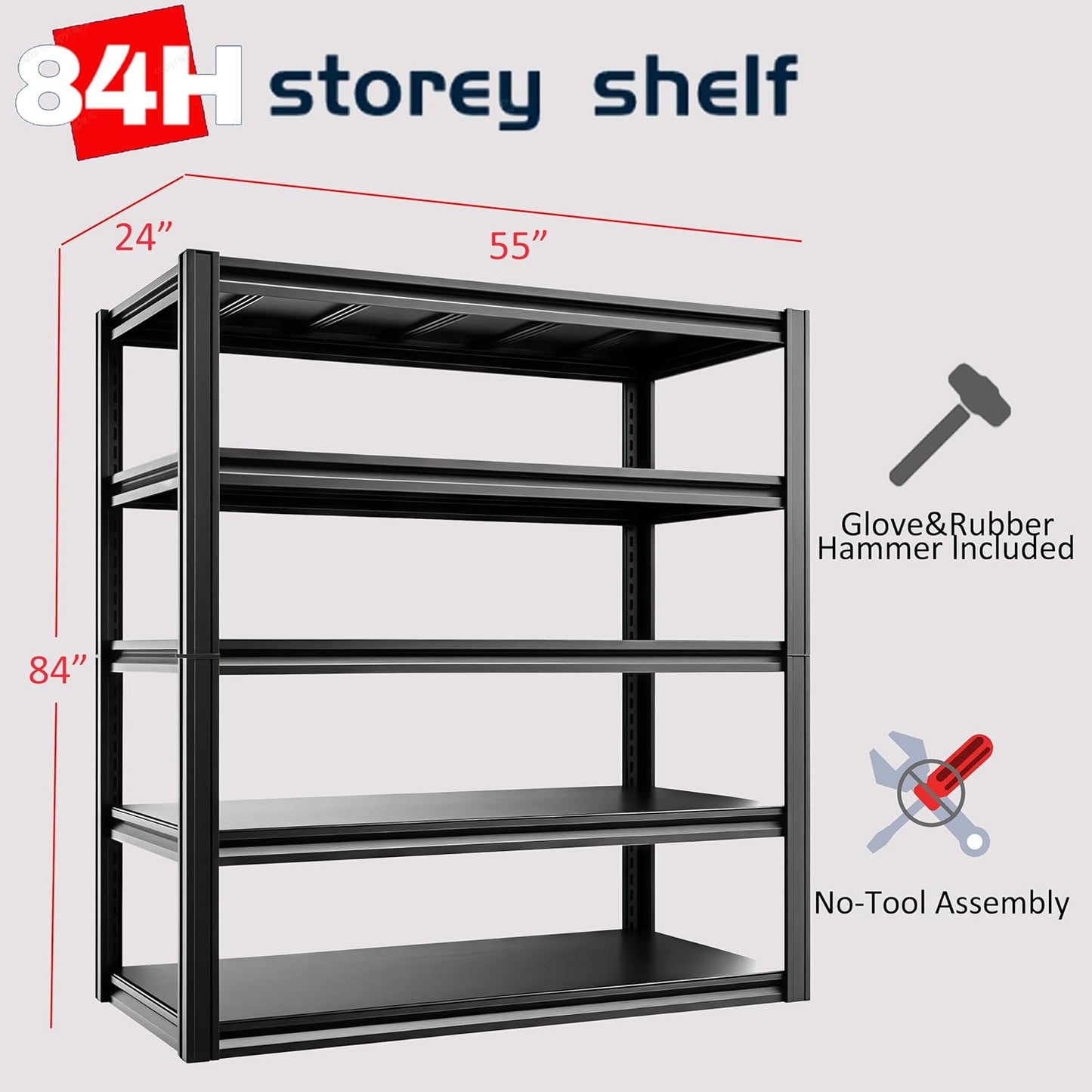5-Tier 55" W x 24" D x 84" H Garage Shelving 3000LBS Storage Shelves Heavy Duty Metal Shelf Unit Adjustable Basement Industrial Storage Racks