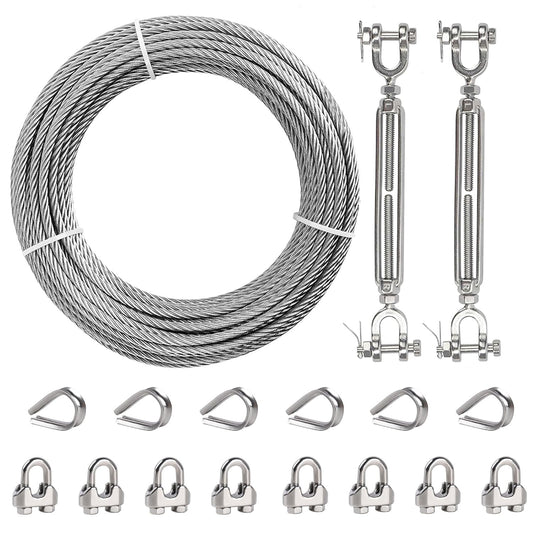 1/4" Wire Rope Kit, 50ft Stainless Steel Cable with 2Pcs 1/4 Turnbuckle, Clamp & Thimble, 7x19 Strands Heavy Duty Metal Cable,1400 lbs Load Limit, Turnbuckles for Cables Wire, Zipline