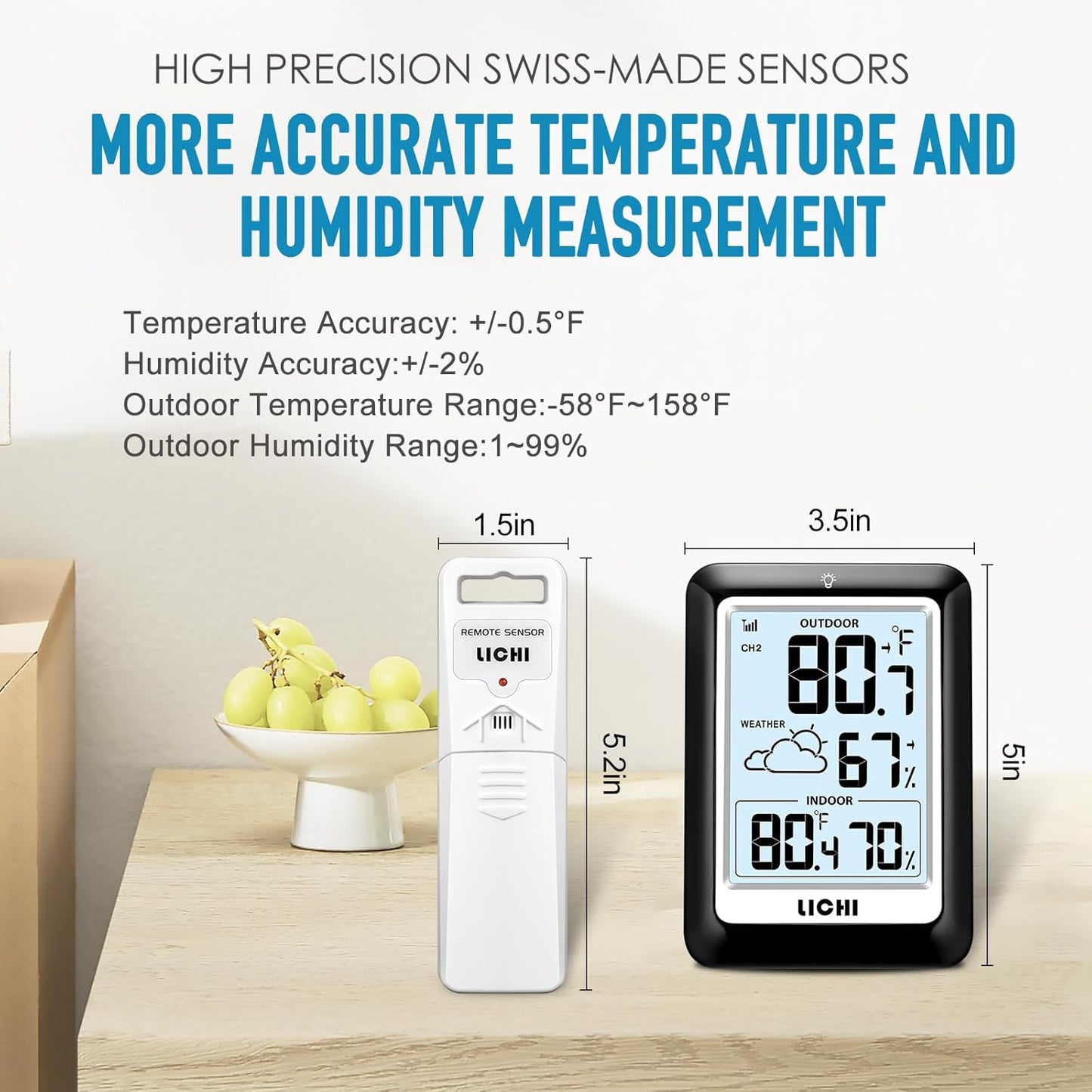 Indoor Outdoor Thermometer Wireless Weather Station, Internal External Thermometer Hygrometer, Home Batteryoperated Temperature Humiditymonitors330 Feet (About 100 Meters) Backlight Display