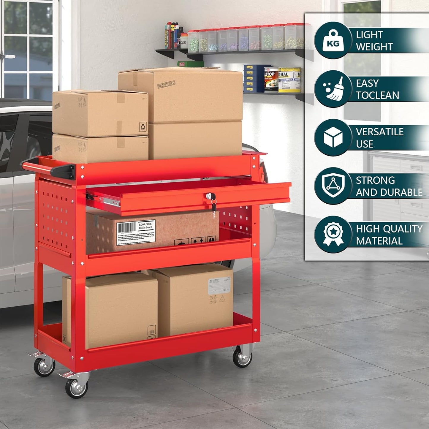 3 Tier Rolling Tool Cart on Wheels with Locking Drawer - Metal Service Cart Industrial Utility Cart for Mechanic - 350 LBS Mobile Storage Organizer for Garage, (Red)