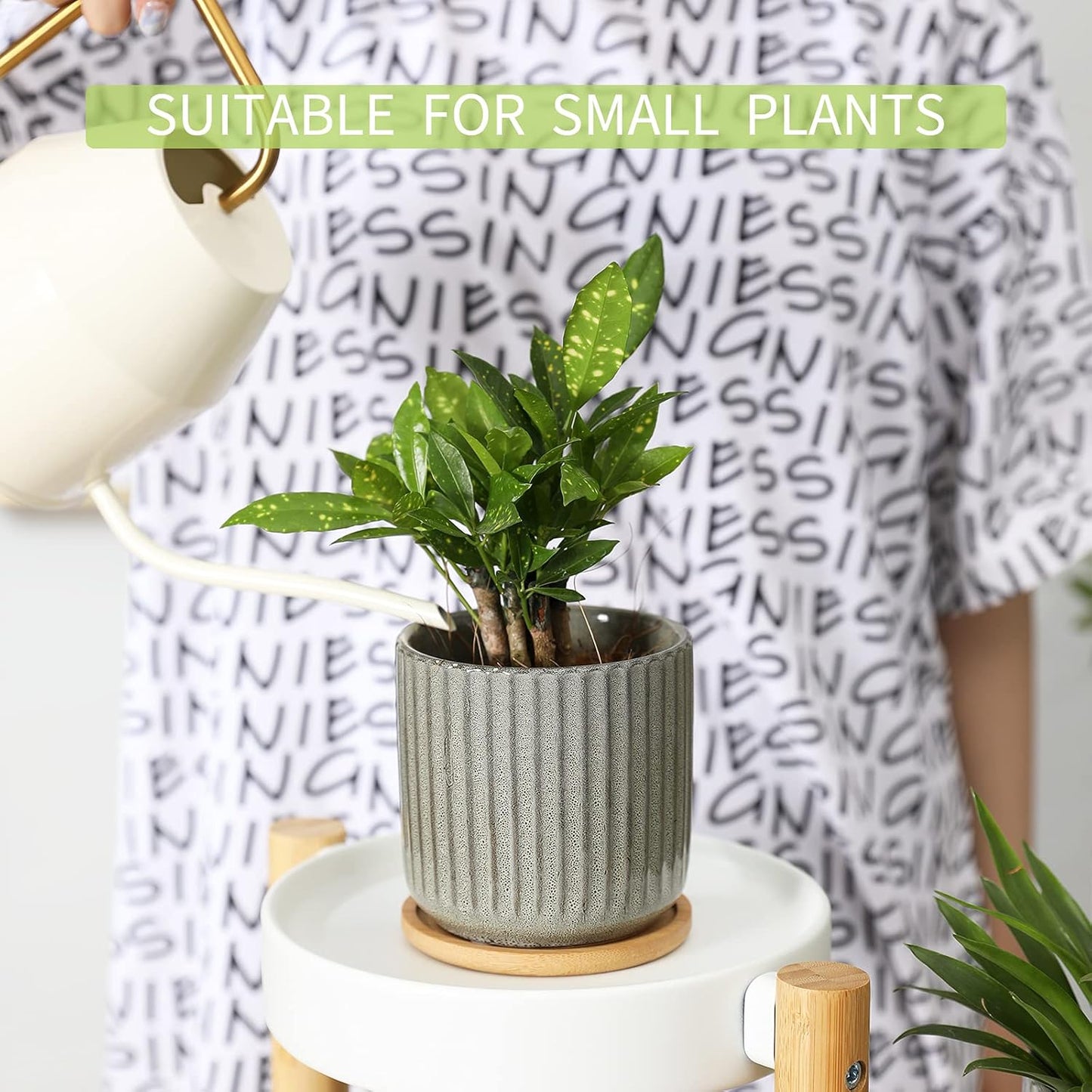 OMAYKEY 4 Inch Ceramic Plant Pot with Saucer, Creative Stripe Grey-Green Small Planters Pots with Drainage Hole and Mesh Pads for Succulent, Cactus, Herbs - Set of 4