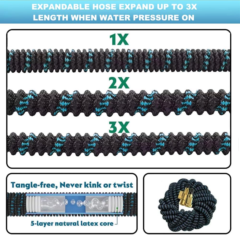 100 ft Expandable Garden Hose - Kink Free Flexible Water Hose 100ft with 10 Pattern Spray Nozzle, 3/4 Solid Brass Connectors, Retractable Latex Core - Lightweight Expanding Hose