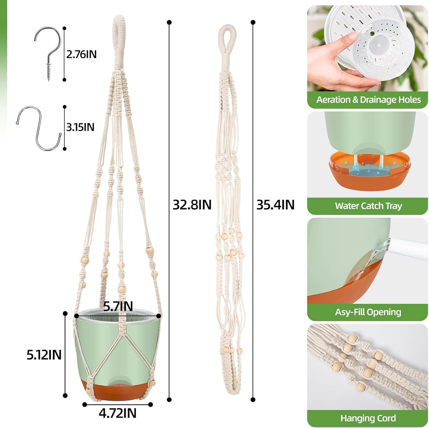 2-Pack Self-Watering Hanging Planters for Indoor & Outdoor Plants,34-Inch macrame hanger plant pots indoor with drainage,5.7-Inch Small Hanging Planters & Baskets in Green,With two sets of hooks