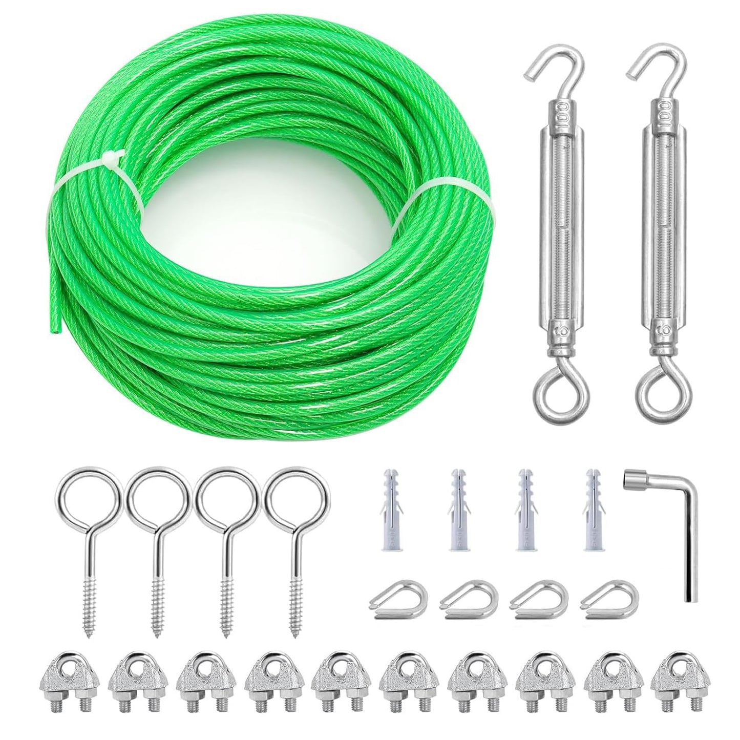 M6 Turnbuckles for Cables Wire, 3/16" Green PVC Coated Wire Rope Kit, Multi-use Steel Cable for Grape Vines/Clothes Line Outdoors for T Post/String Light Hanging/Garden Wire