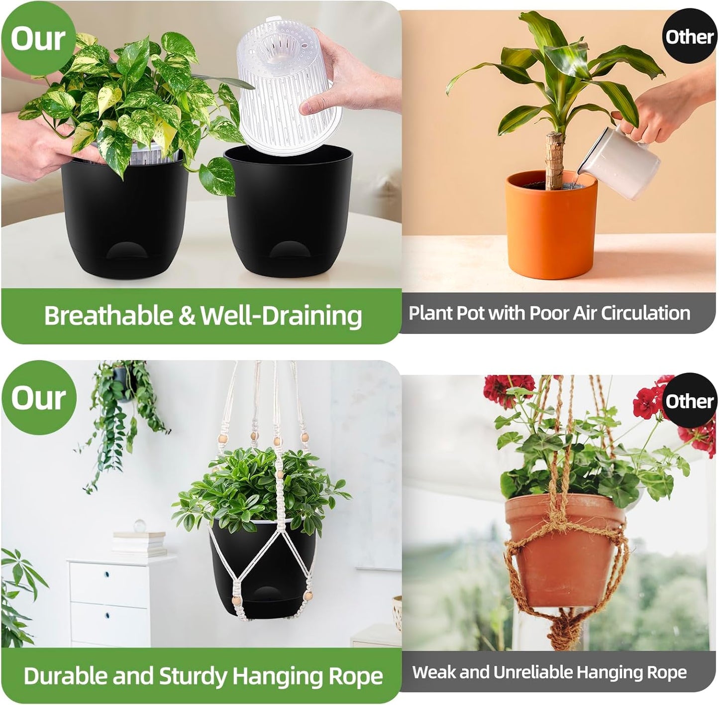 2-Pack 5.7-Inch Self-Watering Hanging Planters for Indoor & Outdoor Plants,34Inch Macrame Hanger Plant Pots Indoor with Drainage,Small Hanging Planters & Baskets,With Two Sets of Hooks（Pure black）