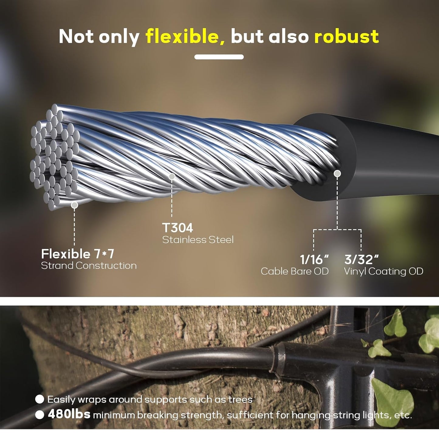 Vinyl Coated Wire Rope 1/16 Inch Overmolded to 3/32 Inch, 600FT 304 Stainless Steel Cable with 200 Pcs Crimping Sleeves for String Light Hanging Kit, Clotheslines and Trellis Wire