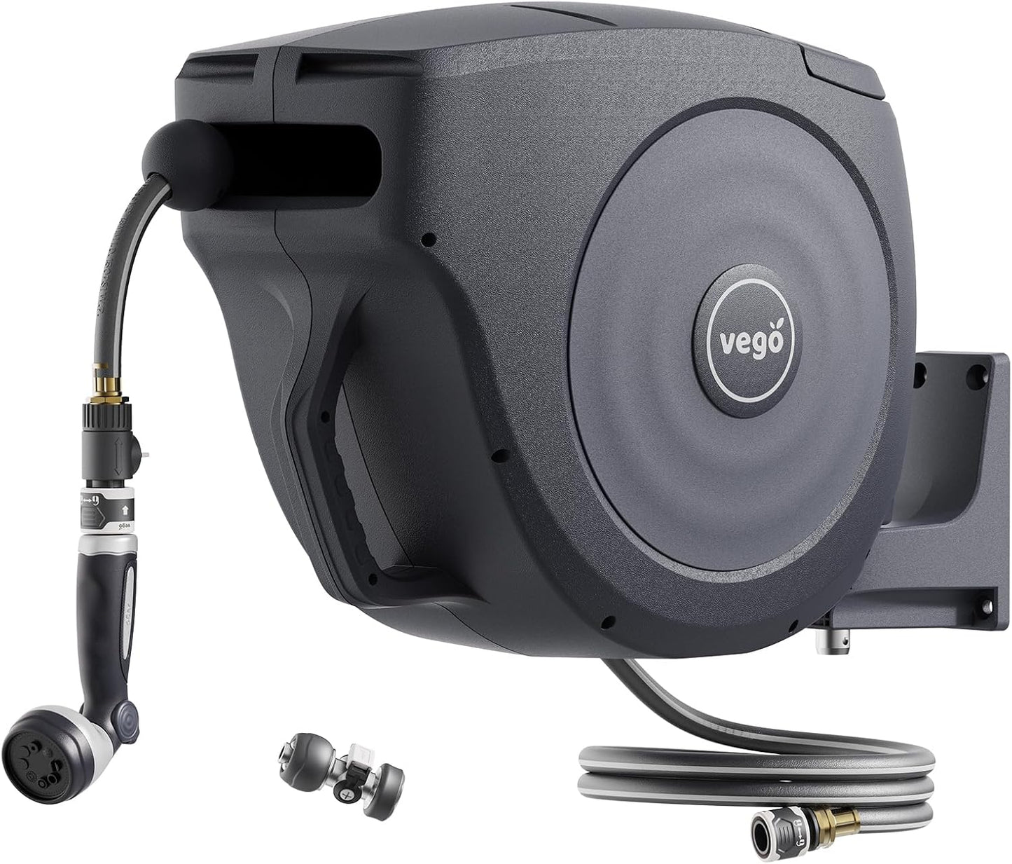 Vego Garden Hose Reel Retractable Hi-Flow x 100ft Wall Mounted Hose Reel Automatic Rewind, Any Length Lock with 9 Patterns Sprayer Nozzle, Quick Connector and Adjustable shot Nozzle-Tidepool Blue