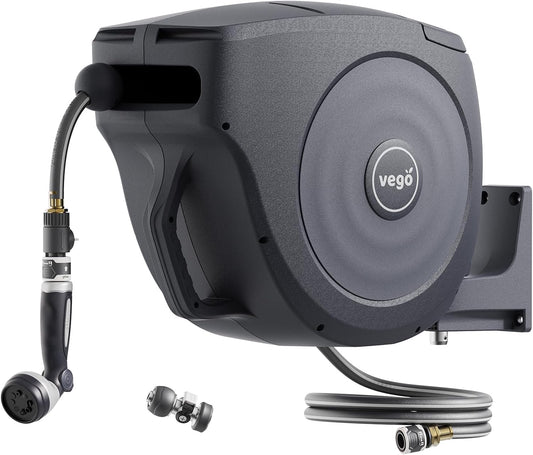 Garden Hose Reel Retractable 5/8" x 50ft Wall Mounted Hose Reel Automatic Rewind, Any Length Lock with 9 Patterns Sprayer Nozzle, Quick Connector and Adjustable shot Nozzle- Tidepool Blue