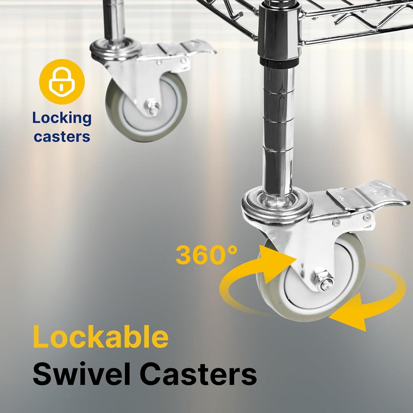 Northsky 3-Shelf Wire Utility Cart on Wheels, Chrome Finish Rolling Metal Shelving with Wheels, 550lb Capacity, 24" x 18" x 44.1", 3 Tier Rolling Cart for Kitchen Bar Storage Use