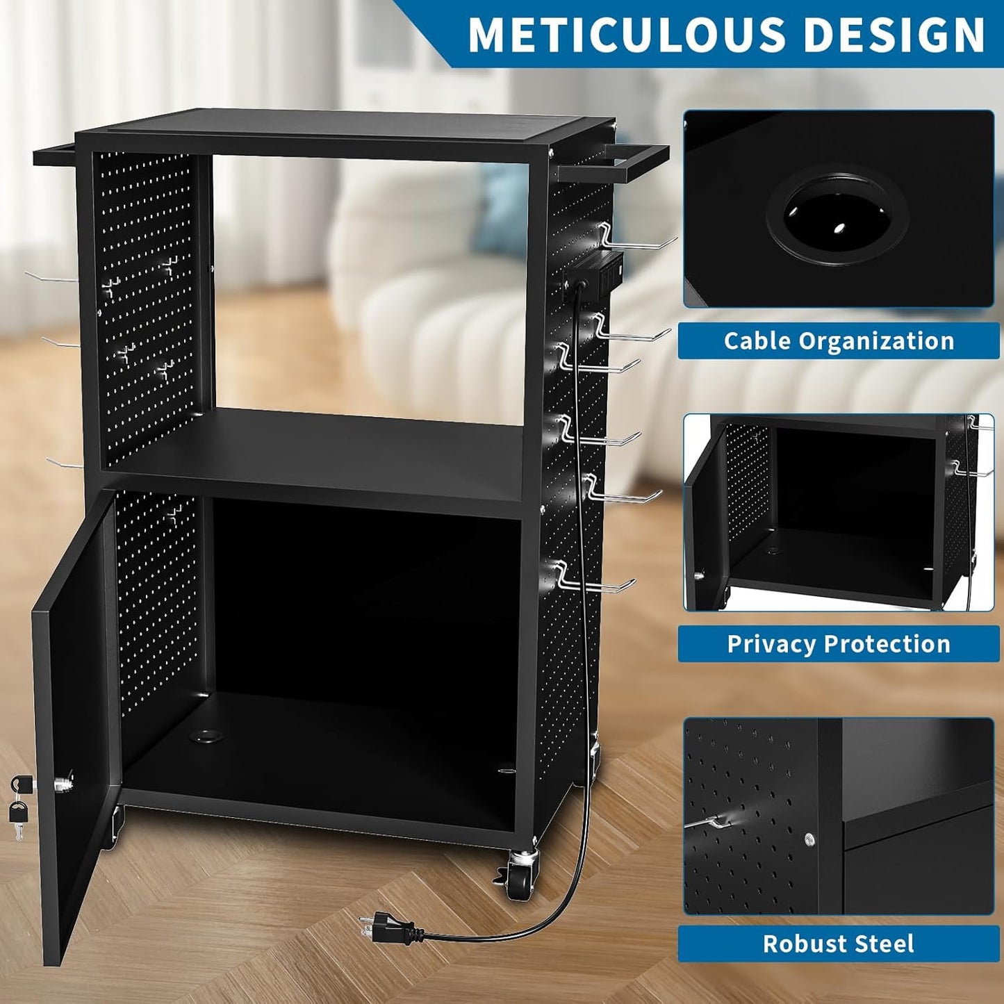 AV Presentation Media Cart Stand Up Desk with Storage Cabinet for Printer, Projector, Computers, TV, Rolling Storage Cart with Adjustable Shelves, Outlet and Cord for School Office Shop