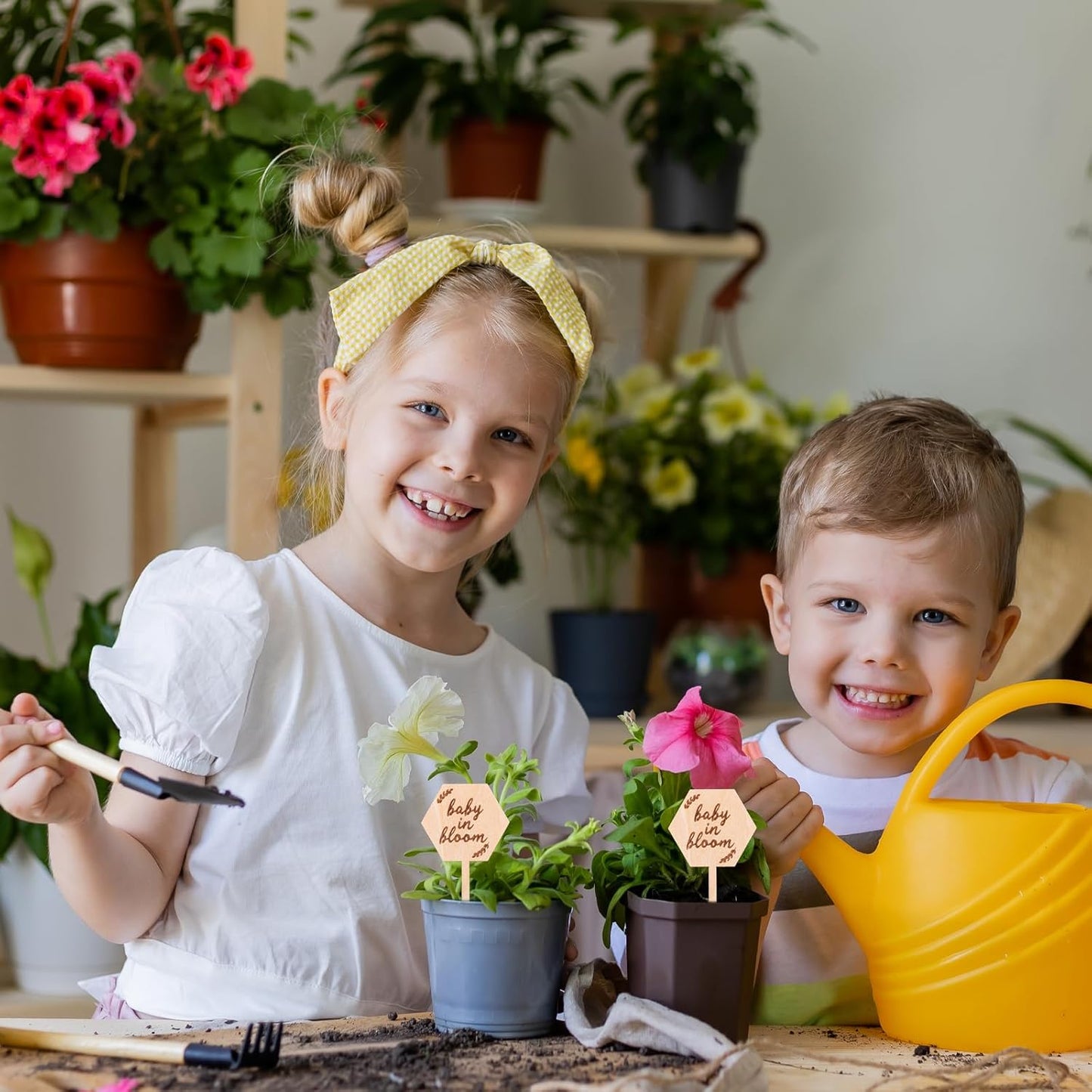 20Pcs Baby in Bloom Wooden Plant Labels, Garden Markers with Laser Engraved Design Baby Shower Decorations Succulent Tags for Potted Plants Party Favors Gifts