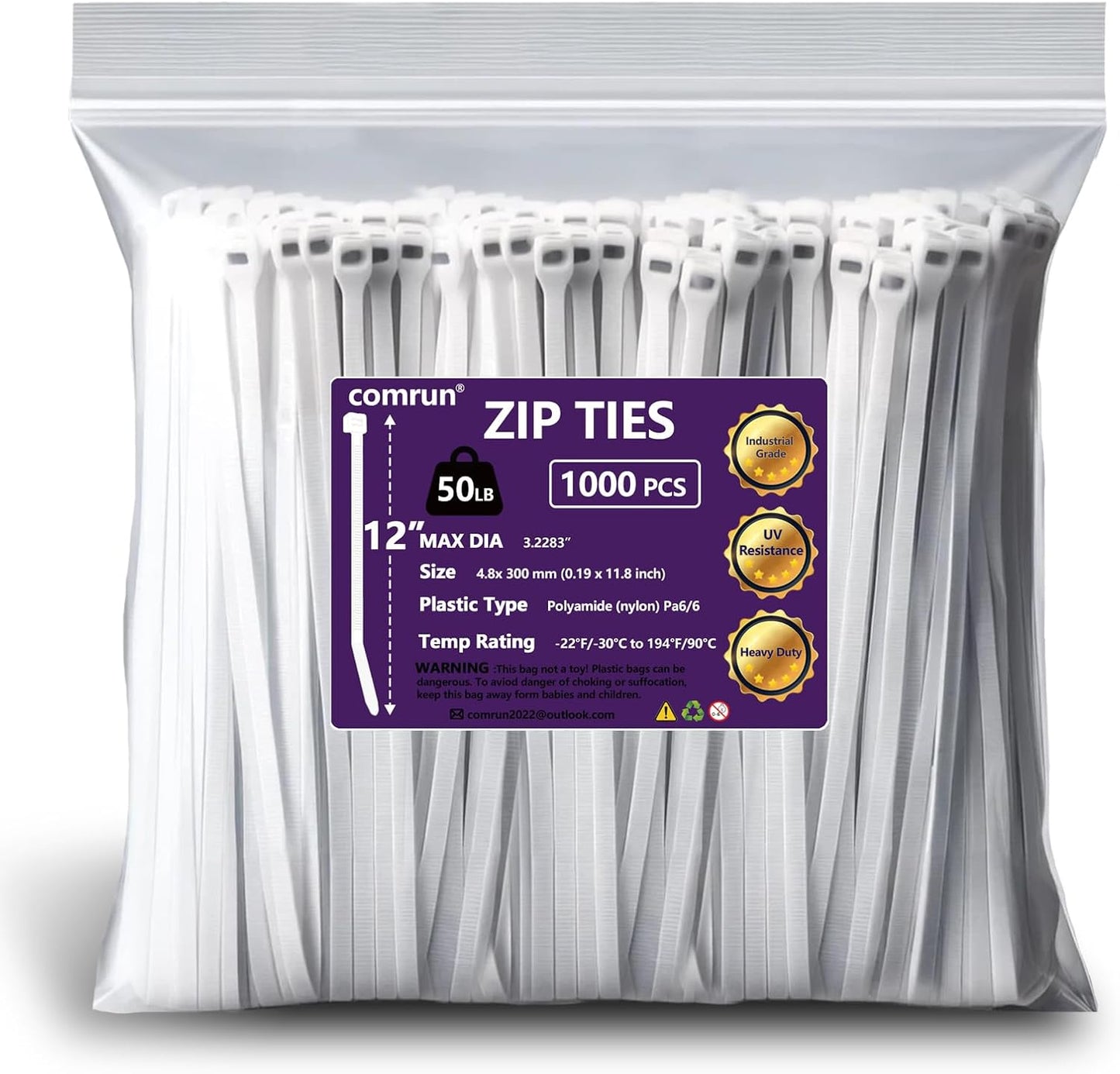 1000pcs 12Inch Nylon Zip Ties, 50 Pounds Tensile Strength,White Cable Tie,Industrial Grade,UV Resistant,Heavy Duty,for Home,Garden Trellis,Office,Garage and Workshop