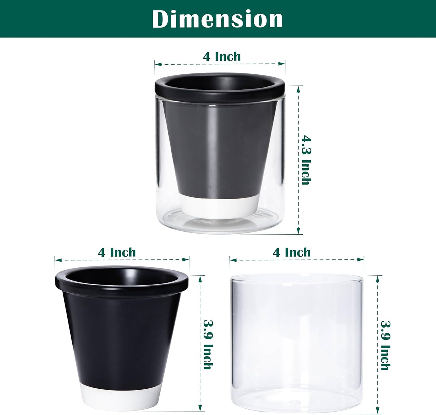 D'vine Dev 4 Inch Design Self Watering Planter for Indoor Plants, Black Terracotta Pot with Cylinder Glass Cup, Set of 3, 37-Z-A-3-T