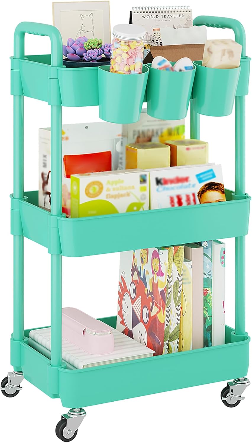 UDEAR 3-Tier Rolling Utility Cart,Multifunctional Storage Shelves with Handle and Lockable Wheels for Room,Office,Kitchen,Bathroom,with 3 Hanging Cups,Green