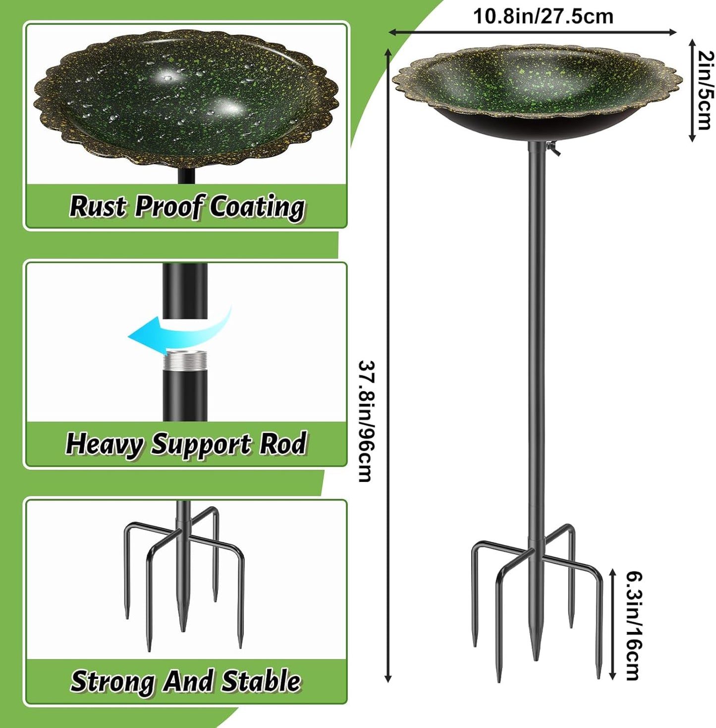 MeyRoliz Metal Bird Bath for Outside, Detachable Bird Feeders Bath Bowl with 5 Prong Base Stand, Freestanding Birdbath Birdfeeder for Garden Yard Lawn Decor (Dark-Green)