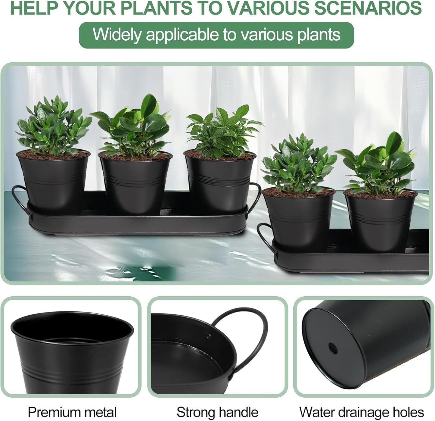 3 Sets Herb Planter Black Metal Window Planter with Tray and Drainage Farmhouse Garden Pots for Plants Flower Succulent for Indoor Outdoor Kitchen Apartment Balcony Window