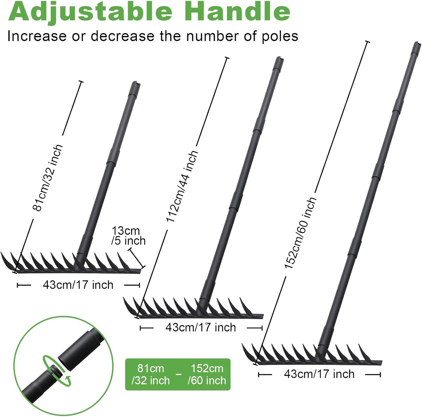 Pragmatist Bow Rake Heavy Duty 60" Metal Head Garden Rake with Adjustable Stainless Steel Handle Garden Tool for Loosening Soil Leveling Mulch Gathering Leaf