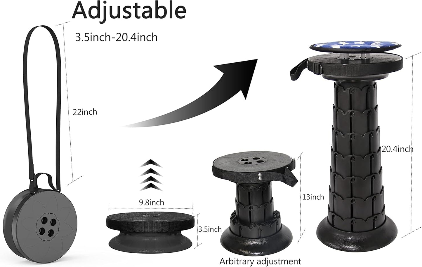 ALEVMOOM Upgraded Portable Retractable Folding Stool,Camping Telescoping Stools with Swivel Cushion,Collapsible Stool for Adults,Hold Up to 440Ib for Garden Travel with Carry Bag&Carabiner