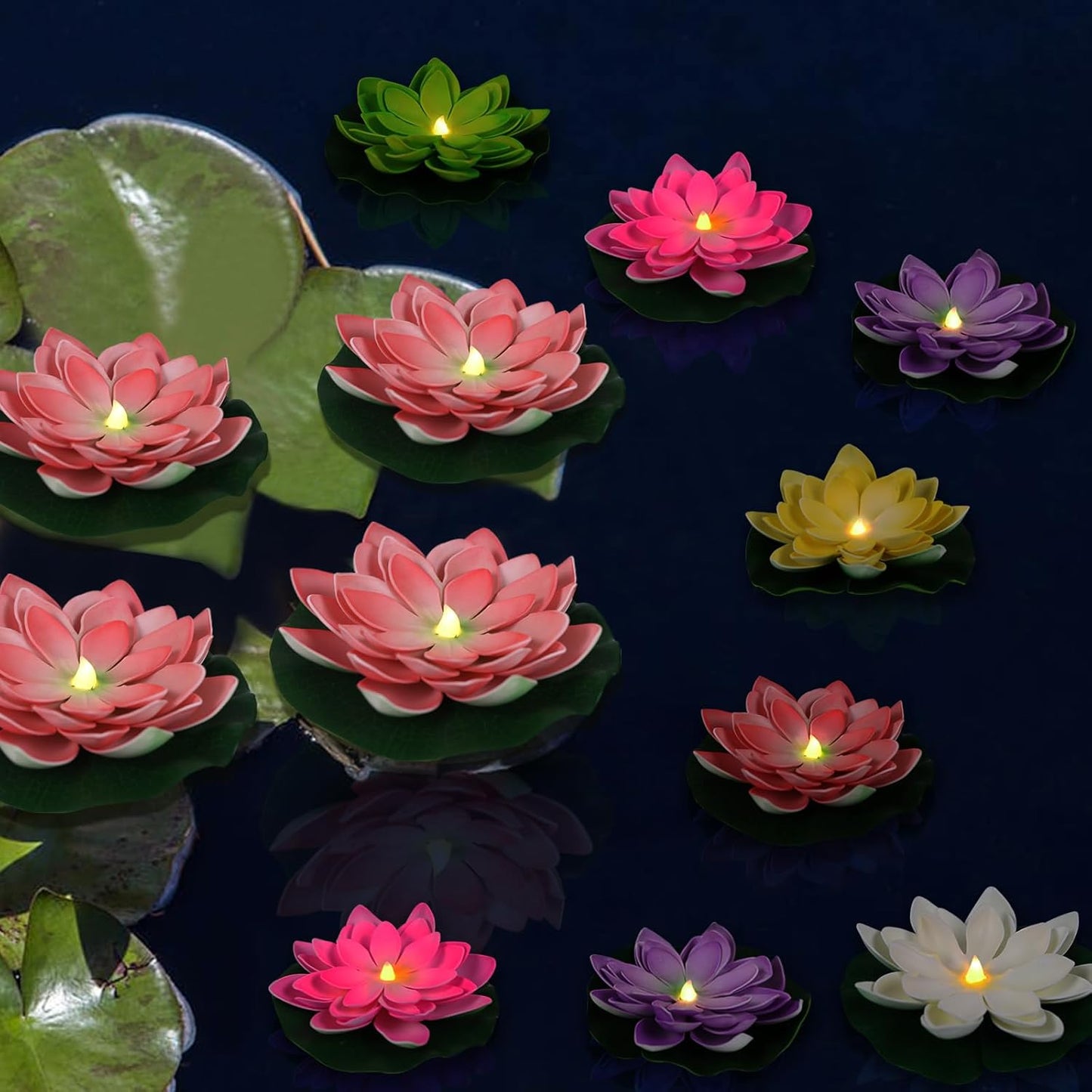 12 PCS Waterproof Floating Lotus Light - Diwali 5 Inch Floating Flower Light Battery Operated Water Activated Warm White Light Pool Flower Lamp Wedding,Anniversary,Garden Decoration(Mix-Color)