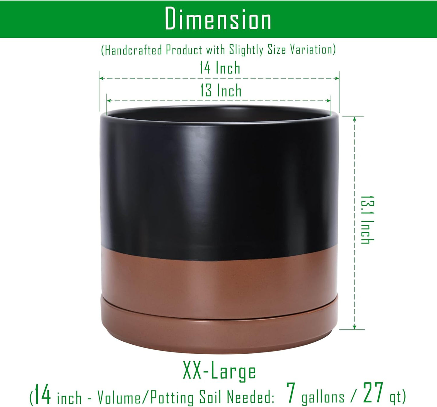 D'vine Dev 14 Inch Ceramic Planter Pot with Drainage Hole and Saucer, Indoor Cylinder Round Planter Pot, Black/Speckled Tan, 94-O-G-7