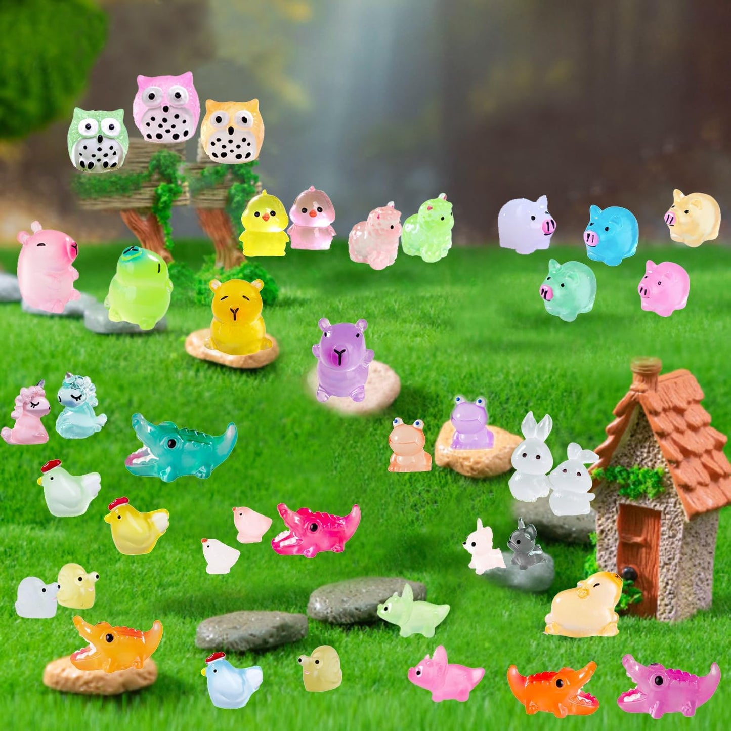 150 Pcs Luminous Mini Resin Animals Miniature Animals Figurines Tiny Little Animals Glow in Dark Small Animal Figures to Hide Mini Animals Micro Landscape Ornaments Fairy Garden Accessories