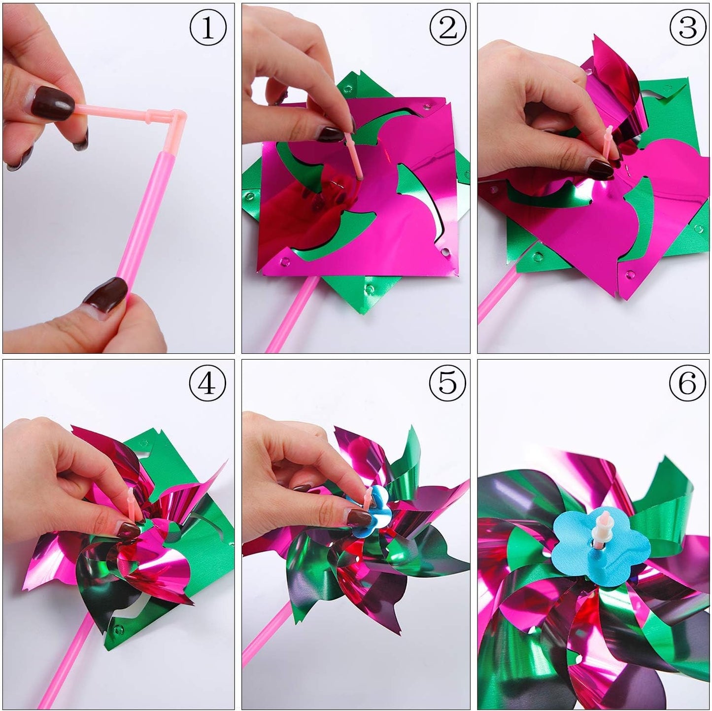 Elcoho 100 Pieces Plastic Rainbow Windmill Party Pinwheels DIY Pinwheel for Kids Toy Garden Party Lawn Decor, Assorted Color