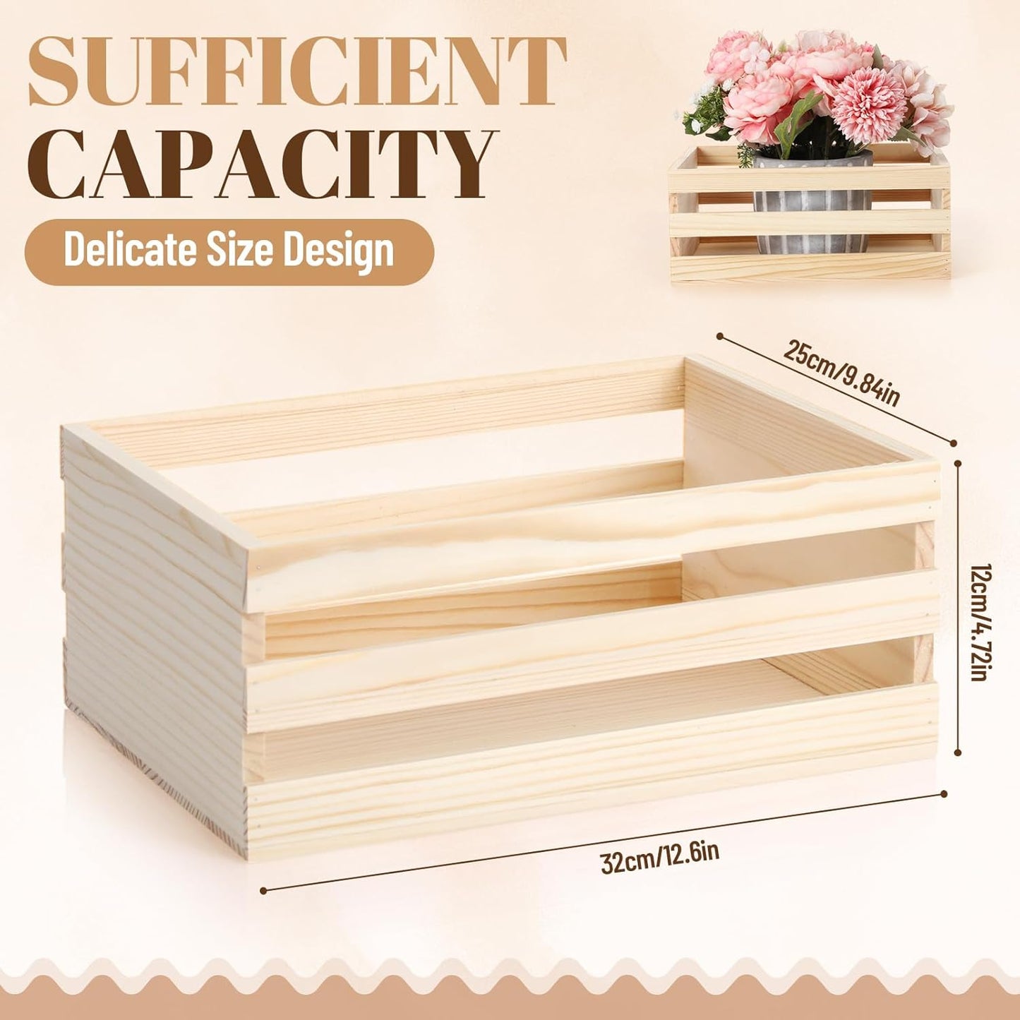 6 Pcs 12.5'' Large Wooden Crates for Crafts Unfinished Wood Crate Box for Display DIY Decorative Storage Basket Container Bulk for Decor, Kitchen Home, Pantry, Bedroom, Milk, Book, Arts