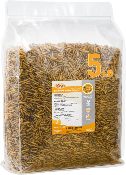 Adaman Dried Black Soldier Fly Larvae 5 LBS-100% Natural BSF Larvae-More Calcium Than Dried Mealworms High-Protein Chickens Treats, Food for Birds, Ducks, Layer Hens