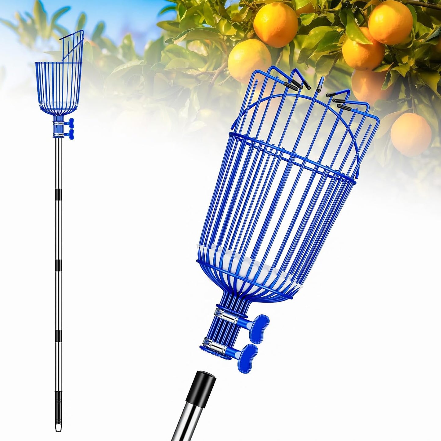 Fruit Picker Pole with Basket Segmented Fruit Picker Pole Tool for Apple Avocado Cherry Lemon Mango Orange Peach Picking(40-130")