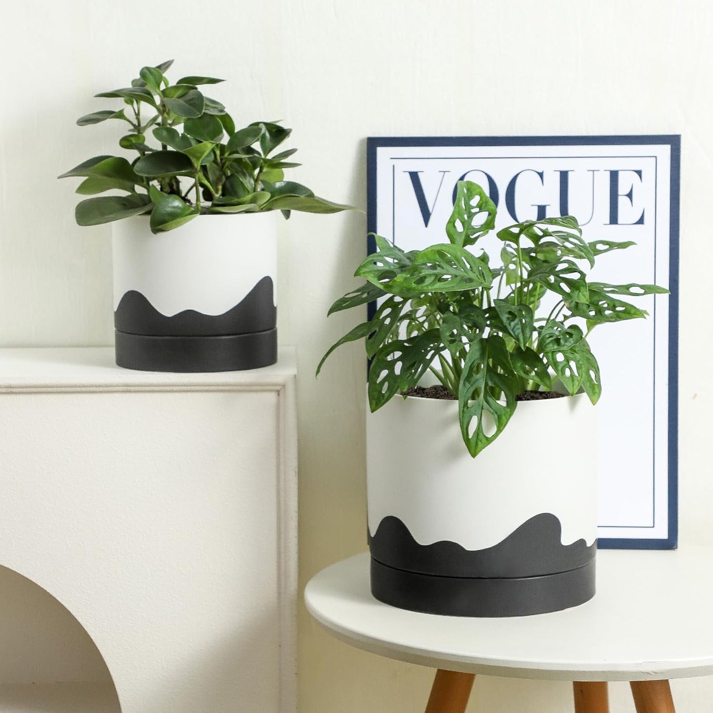 Nihow Ceramic Plant Pot: 8 Inch Planter with Drainage Hole & Saucer for Indoor & Outdoor Plants - Cylinder Round Flower Pot for Succulent/Herbs/Violets - White & Wave Black