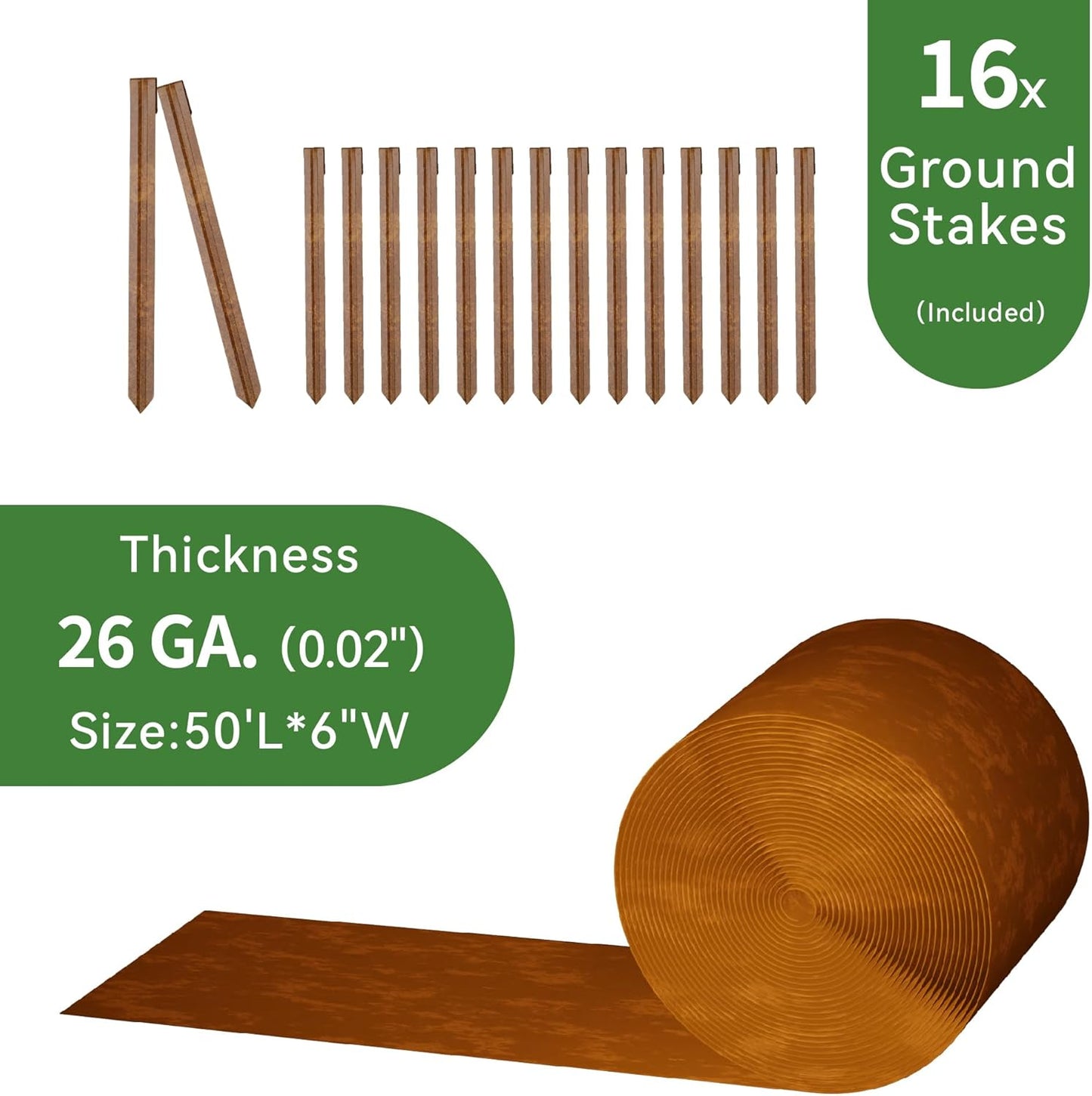 Worth Galvanized Steel Landscape Edging 6" x50' Metal Garden Edging Roll Flexible Bender Border with 16Pcs Stakes for Lawn, Flower Bed Edges, Rust-Like Color