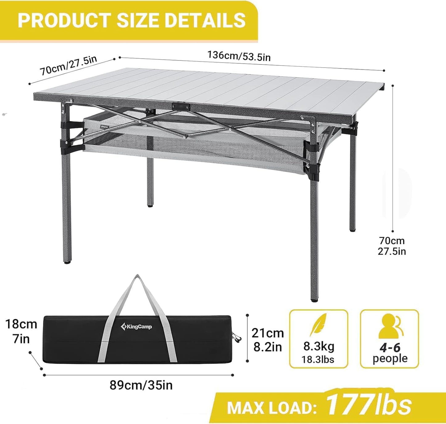 KingCamp Folding Camping Table, Portable Camp Table Foldable Aluminum Roll Up Seamless Desktop with Storage and Tall Legs for Outdoor Backyard Picnic