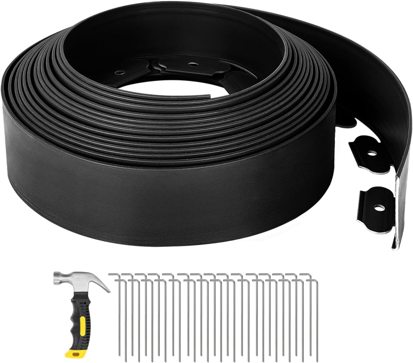 GROWNEER 33FT Landscape Edging Flexible 4 inch Tall Garden Border with 30pcs Galvanized Steel Anchoring Spikes and Hammer Lawn Edging Kit for Flower Bed, Pathway, Landscaping Project, Black