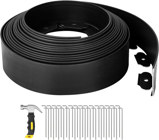 GROWNEER 33FT Landscape Edging Flexible 4 inch Tall Garden Border with 30pcs Galvanized Steel Anchoring Spikes and Hammer Lawn Edging Kit for Flower Bed, Pathway, Landscaping Project, Black