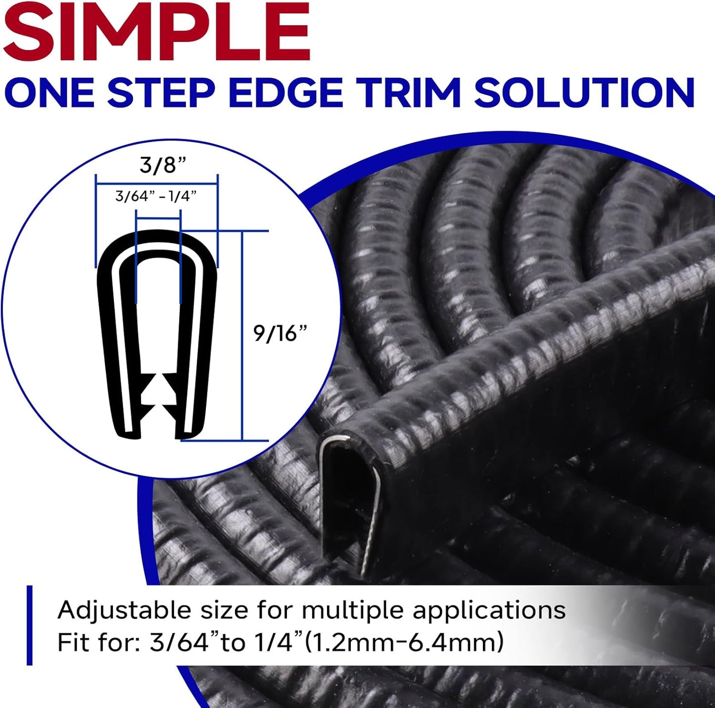 Rubber Edge Trim, U Channel Edge Trim with Metal Clips Edge Guard Protector, PVC Rubber Seal Strip for Sheet Metal, Car Doors, Hatches, Table Corners, Fit 3/64" to 1/4"(1.2mm-6.4mm), 6.5Ft, Black