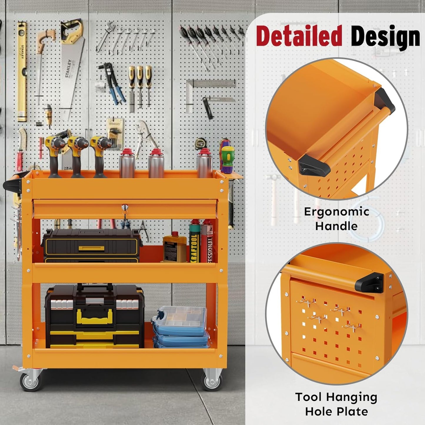 3 Tier Rolling Cart, Heavy Duty Utility Industrial Service Carts on Wheels, Metal Tool Cart with Locked Drawers, Ideal for Garage, Warehouse and Repair Shop（Orange）
