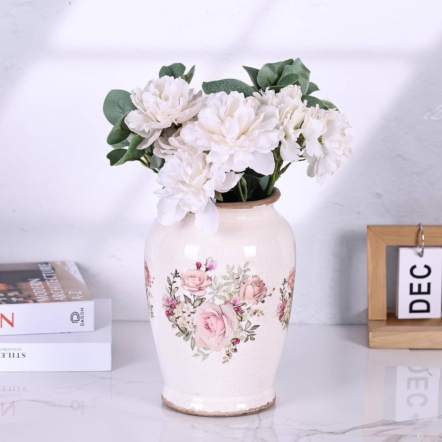 Vintage Vase for Flowers,Pink Chinoiserie Ceramic Vase,Rustic Farmhouse Cracked Vases,for Flower Arrangement,Living Room, Office, Shelf, Fireplace Tables,Centerpieces,Chinoiserie Pottery Decor(A)