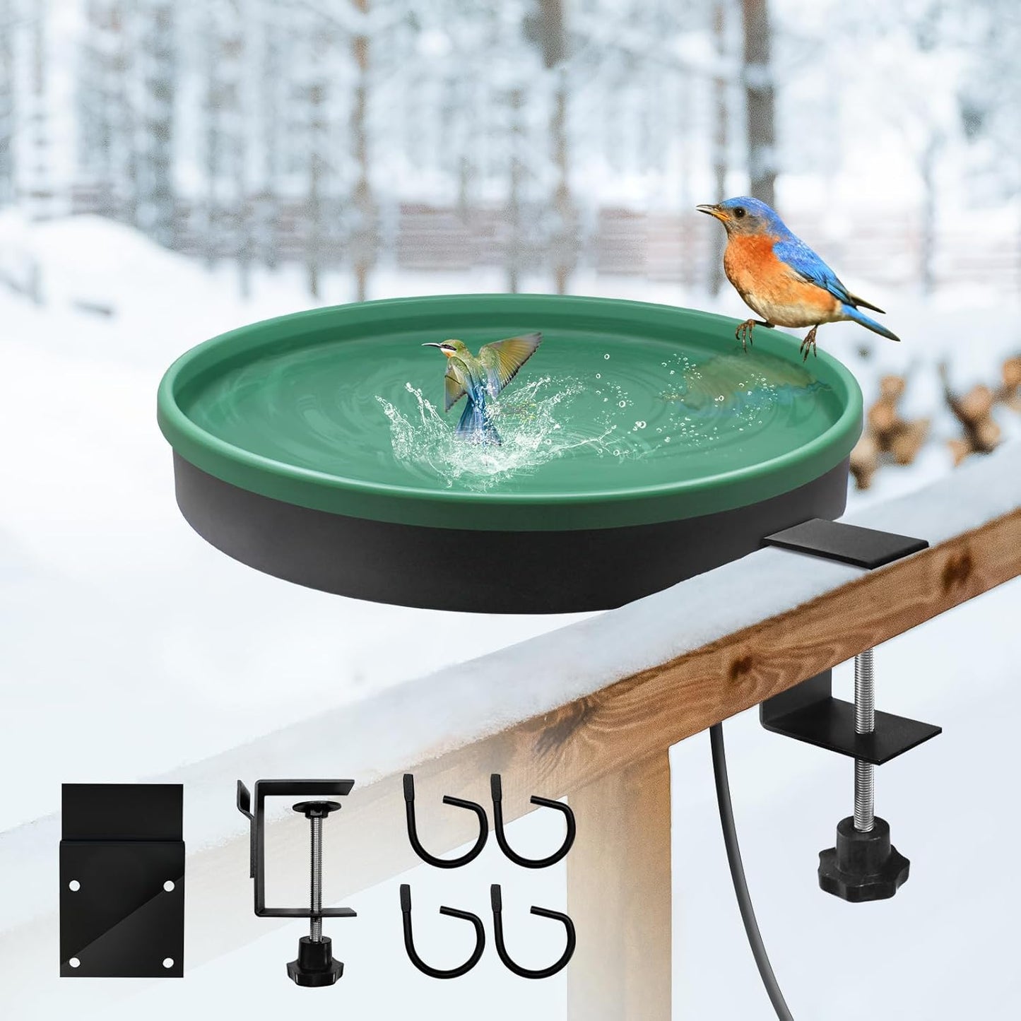 Heated Bird Bath, 3 Easy Ways to Mount Heavy Duty Metal Pedestal Detachable Bird Bath Bowl for Easy Cleaning, 75W Heated Bird Baths for Outdoors for Winter Garden Yard Patio Lawn, Green
