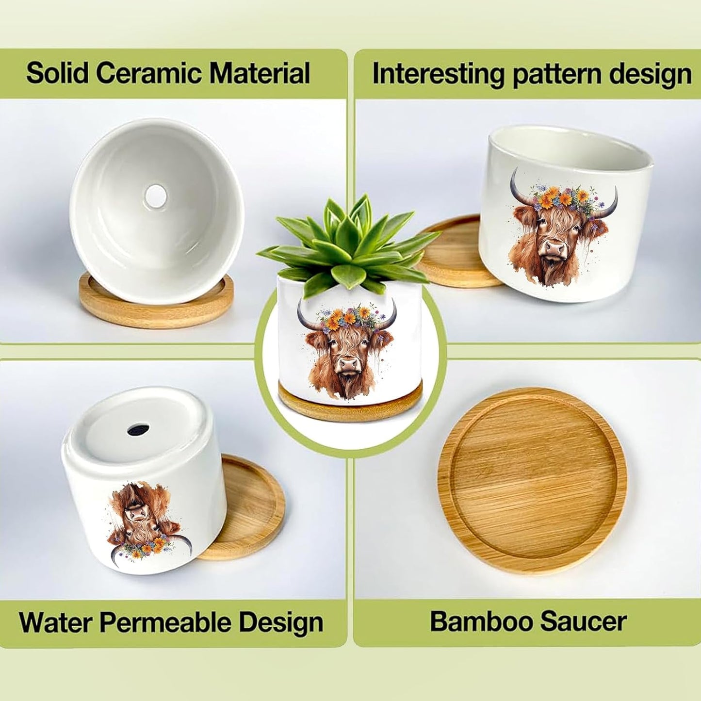 Highland Cow Succulent Pots 3 Pack, 3 Inch Succulent Planters with Drainage and Bamboo Tray, Highland Cow Gifts for Women, Ceramic Small Pots for Baby Plants, Cactus, Herbs- Plants Not Included