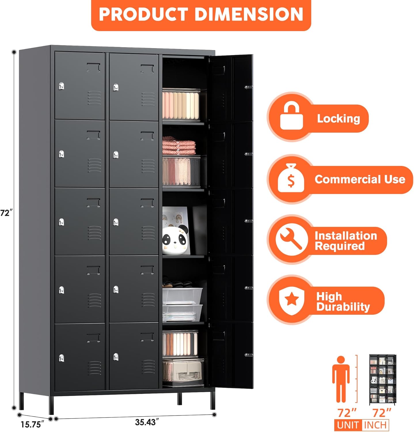 Aobabo 15 Doors Metal Storage Locker for Employees, Locker with Lock and Metal Leg for School Office Gym, Industrial Steel Storage, Black, Assembly Required