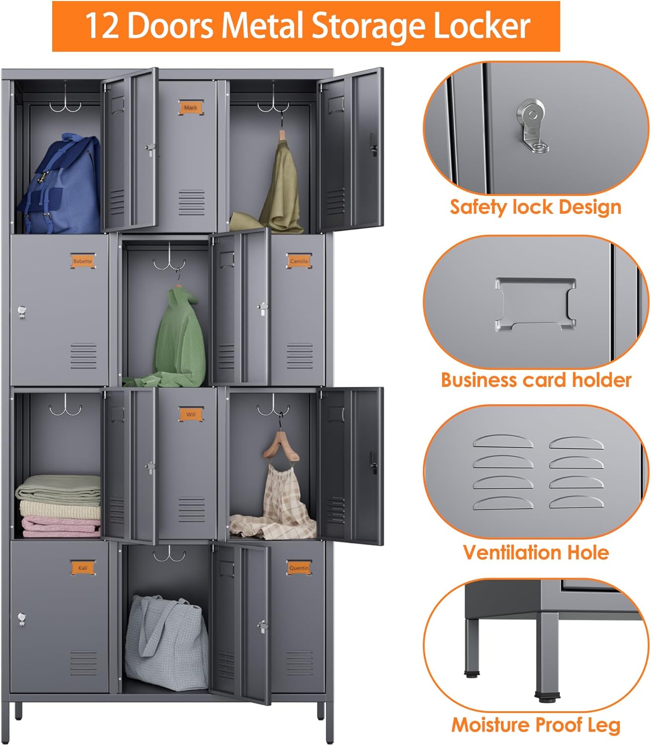 Metal Lockers for Employees with 12 Door and 12 Hooks,Metal Storage Locker with Lock for School Office Gym Bedroom,Assembly Required,Dark Grey